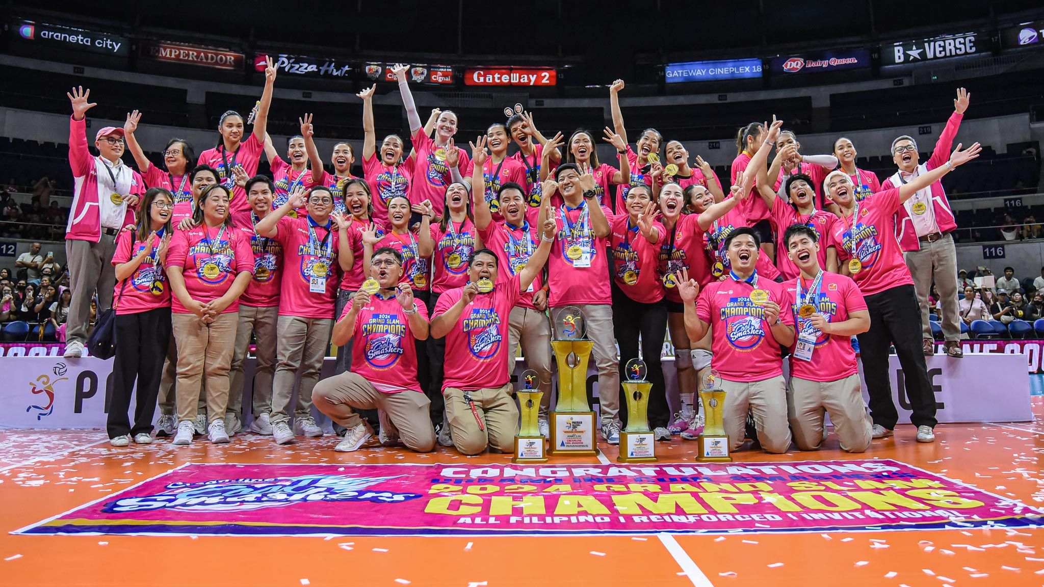 The Creamline Cool Smashers celebrate after completing a Grand Slam in the 2024 season of the Premier Volleyball League on September 12, 2024, Araneta Coliseum. PVL Images/File